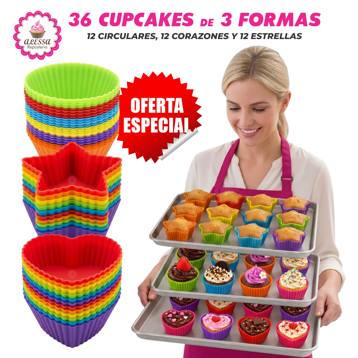 36 MOLDES DE CUPCAKE CIRCULAR, ESTRELLA Y CORAZON DE SILICONA ANTIADHERENTES Y REUTILIZABLES - 3