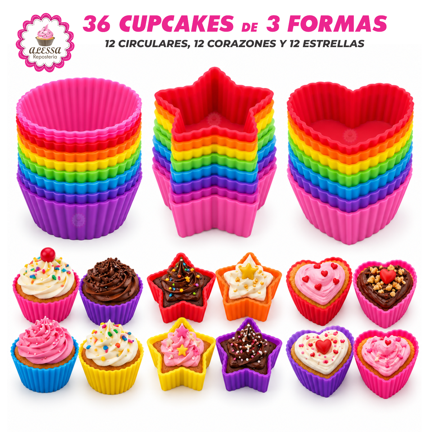 36 MOLDES DE CUPCAKE CIRCULAR, ESTRELLA Y CORAZON DE SILICONA ANTIADHERENTES Y REUTILIZABLES - 4