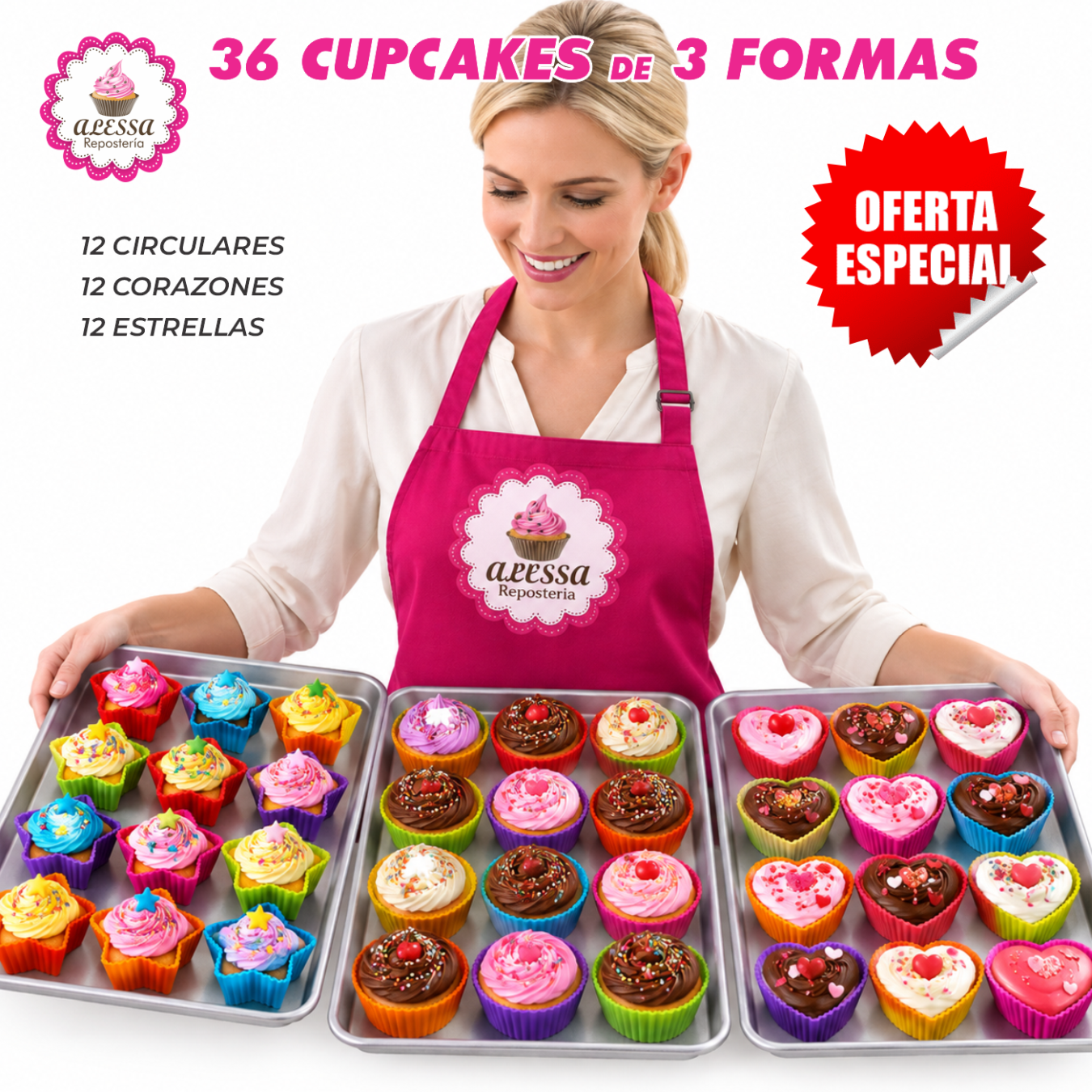 36 MOLDES DE CUPCAKE CIRCULAR, ESTRELLA Y CORAZON DE SILICONA ANTIADHERENTES Y REUTILIZABLES - 5