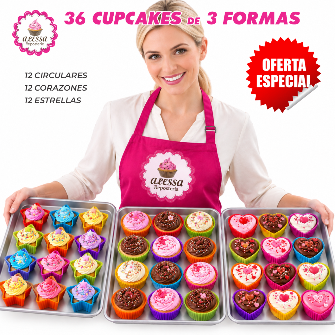 36 MOLDES DE CUPCAKE CIRCULAR, ESTRELLA Y CORAZON DE SILICONA ANTIADHERENTES Y REUTILIZABLES - 6