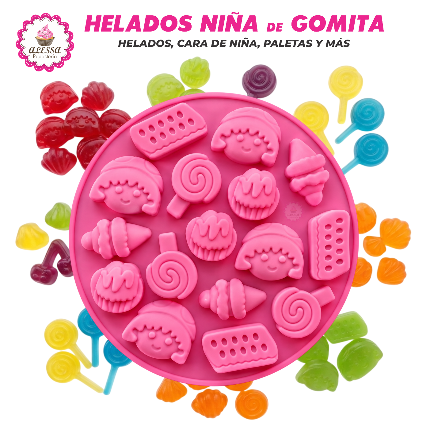 MOLDE DE 16 GOMITAS DE HELADOS CARA NIÑA PALETAS DE SILICONA PARA REPOSTERÍA - 1