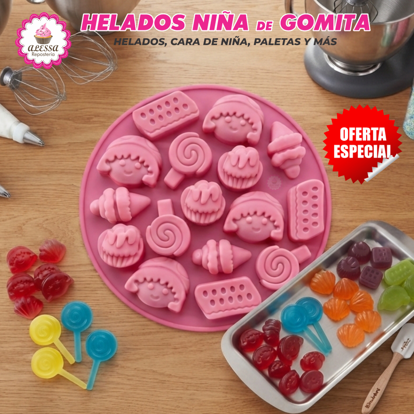 MOLDE DE 16 GOMITAS DE HELADOS CARA NIÑA PALETAS DE SILICONA PARA REPOSTERÍA - 3