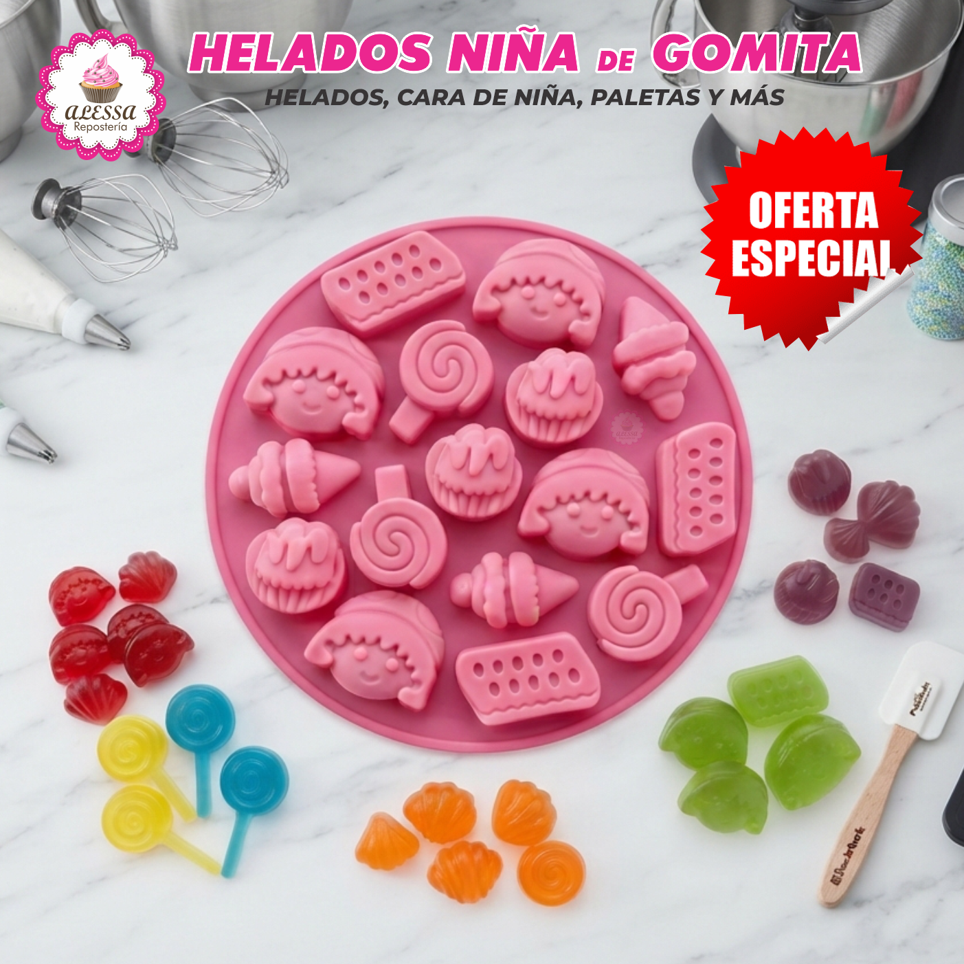 MOLDE DE 16 GOMITAS DE HELADOS CARA NIÑA PALETAS DE SILICONA PARA REPOSTERÍA - 5