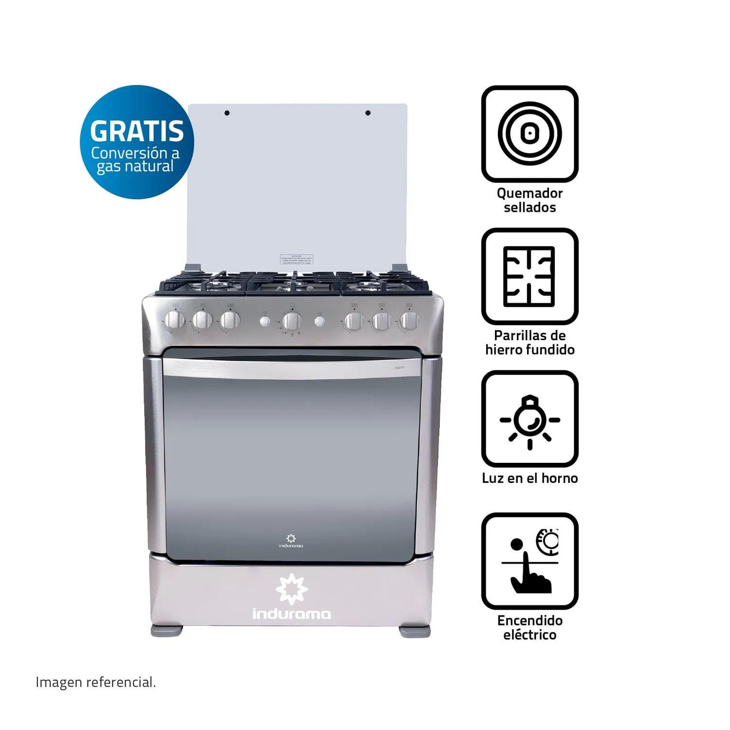 COCINA INDURAMA PARMA ZAFIRO 6 QUEMADORES CON ENCENDIDO ELÉCTRICO Y LUZ EN HORNO - 1