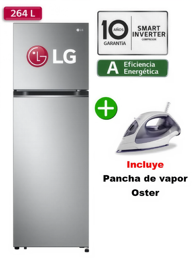 REFRIGERADORA LG TOP FREEZER GT26BPP 264L PLATEADA + PLANCHA OSTER - 1