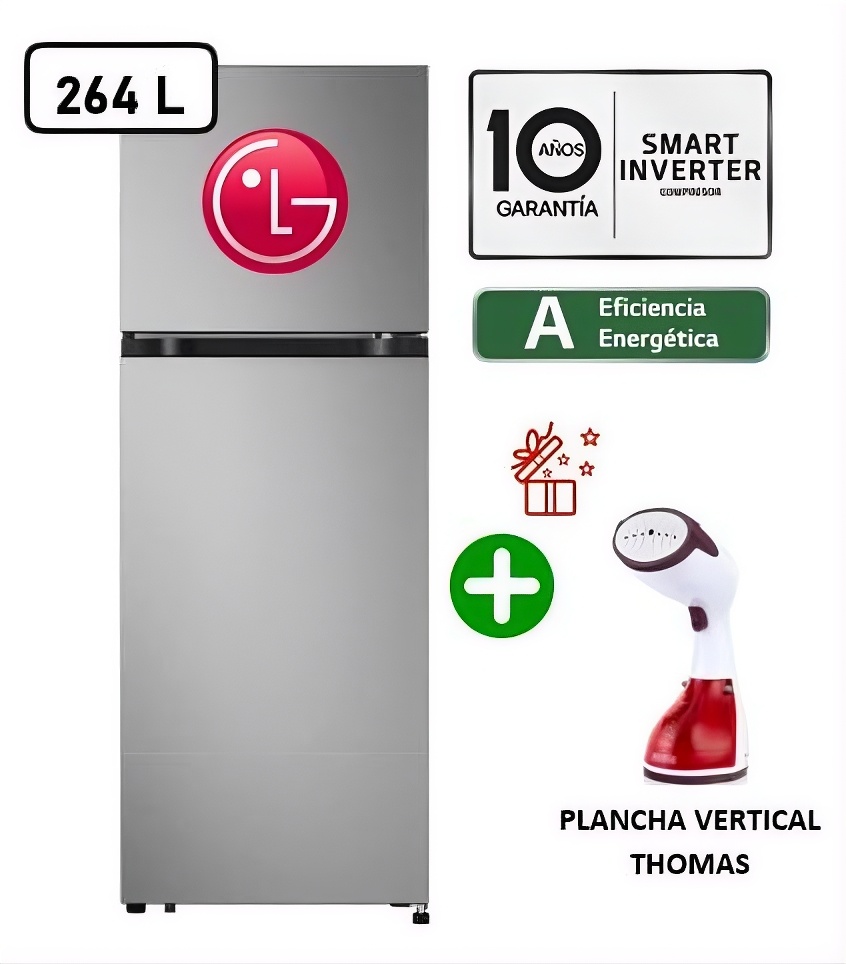 REFRIGERADORA LG VT26BPY 264L LINEAR COOLING TOP FREEZER PLATEADA +  PLANCHA VERTICAL THOMAS - 1