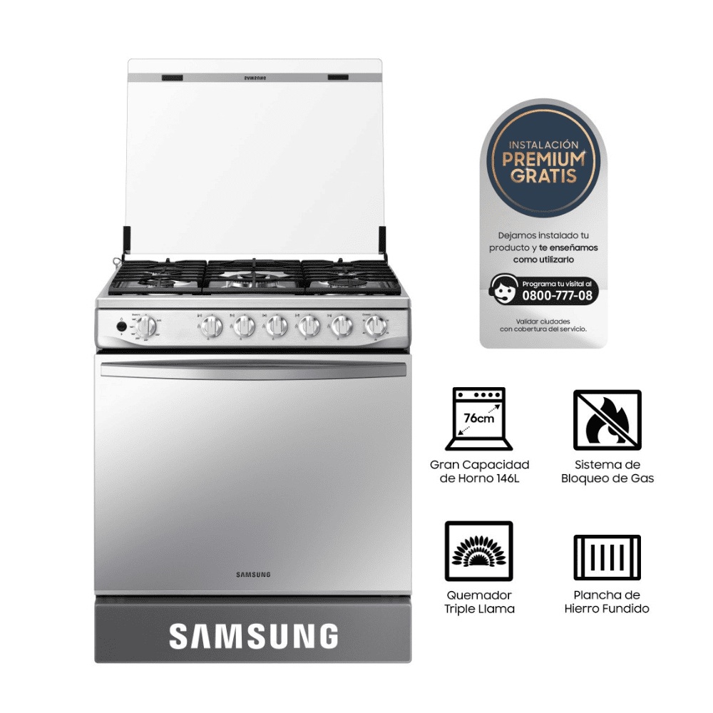 COCINA A GAS SAMSUNG NX52T7322PS GLP/GN 5 HORNILLAS MIRROR LOOK PLATA - 1