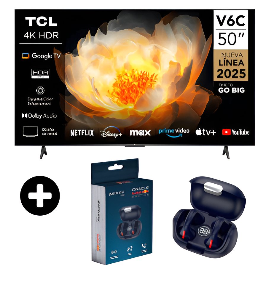 TELEVISOR TCL 50 PULGADAS SMART TV UHD 4K GOOGLE TV 50V6C + AUDIFONOS ORACLE REDBUL EB 170 (COMBO) - 1