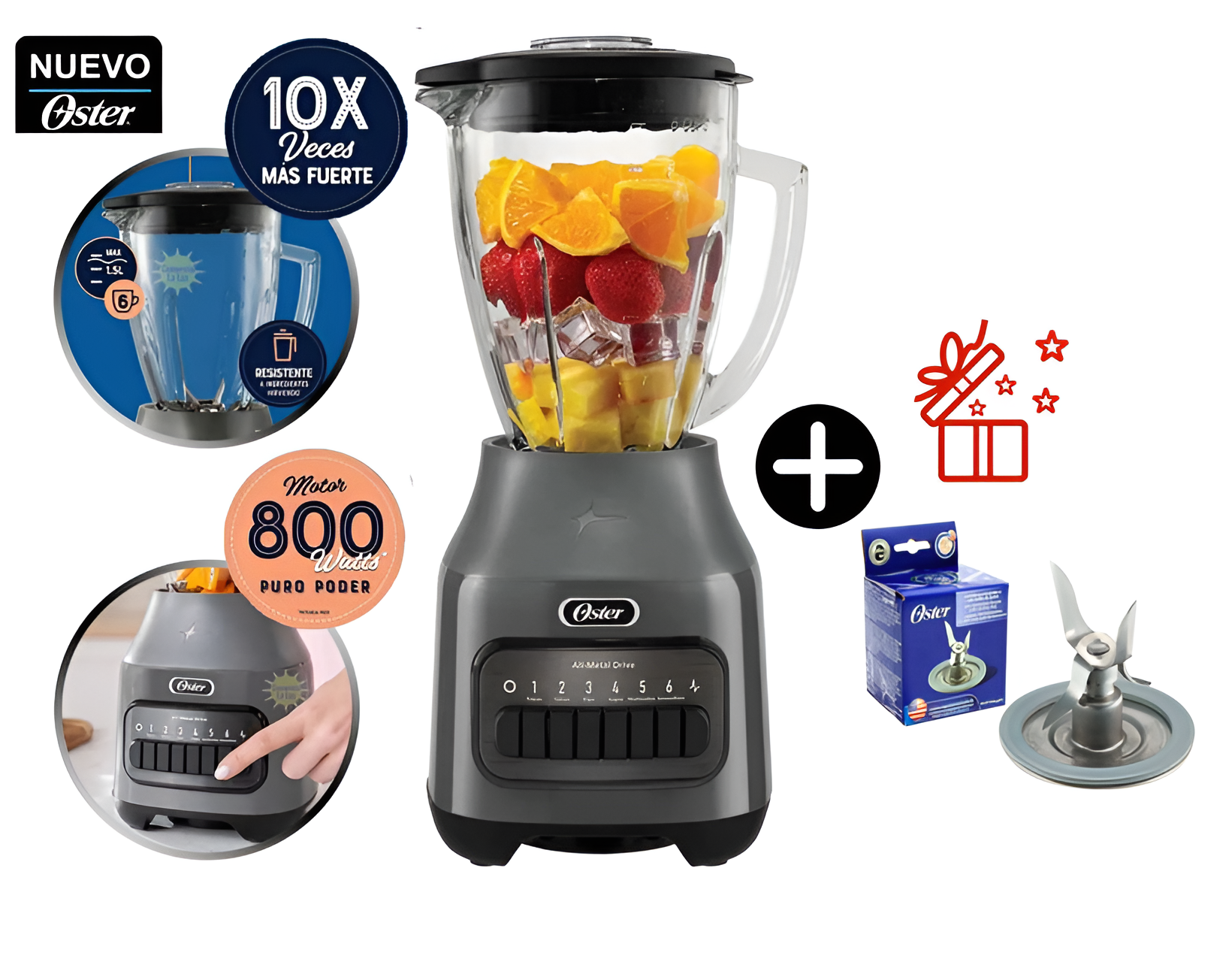 LICUADORA OSTER 1.5L CON 6 VELOCIDADES BLSTPEG-GPB - GRIS + CUCHILLA OSTER DE 4 ASPAS - 1