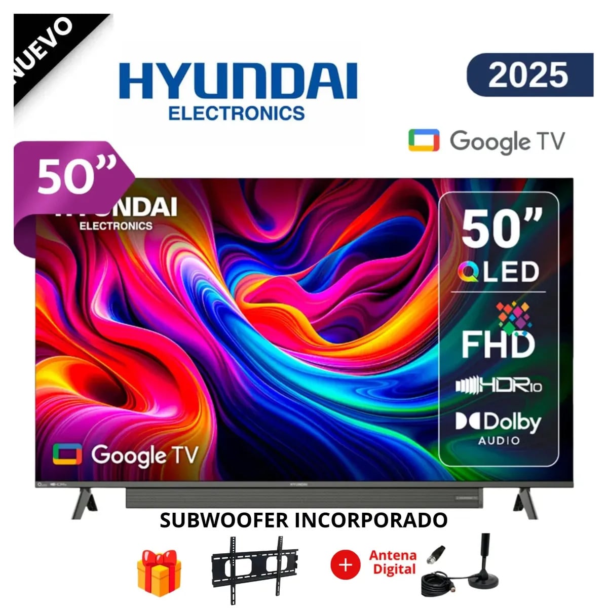TELEVISOR HYUNDAI 50 QLED FHD GOOGLE TV HYLED5029QFG + RACK + ANTENA - 1