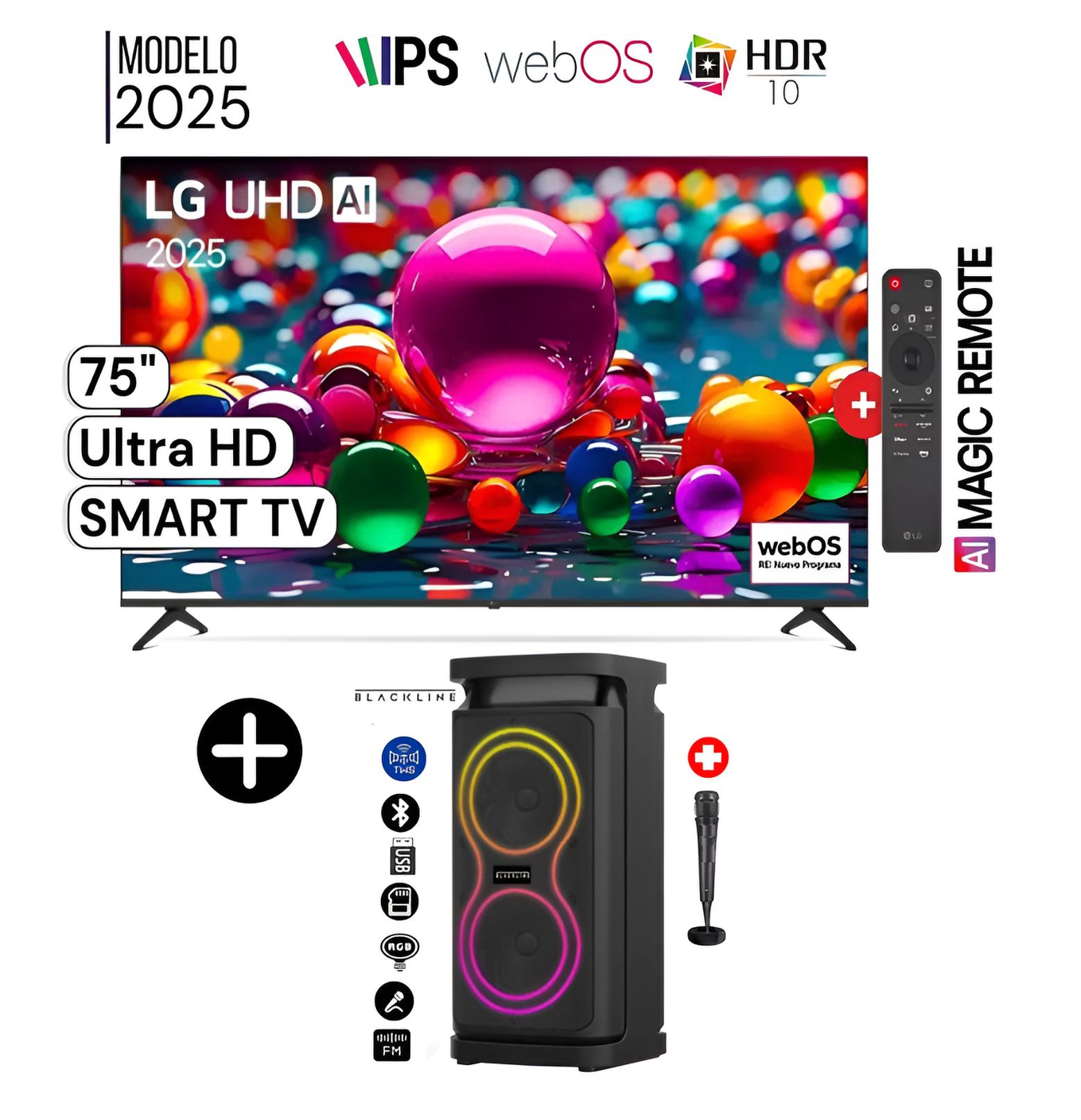 TELEVISOR LG 75 LED UHD 4K SMART TV THINQ AI 75UA8050PSA + TORRE DE SONIDO BLACKLINE PARTY BOOM 2X4 - 1