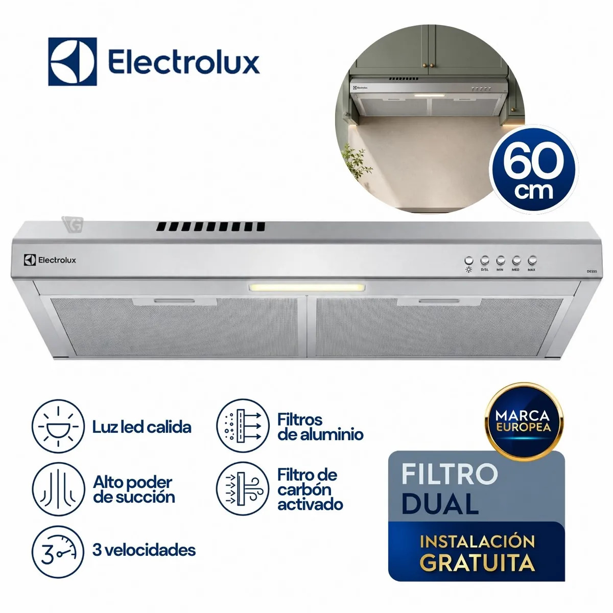 CAMPANA EXTRACTORA ELECTROLUX 60CM ALTO PODER DE SUCCIÓN E ILUMINACIÓN LED INOX DE6SS - 1