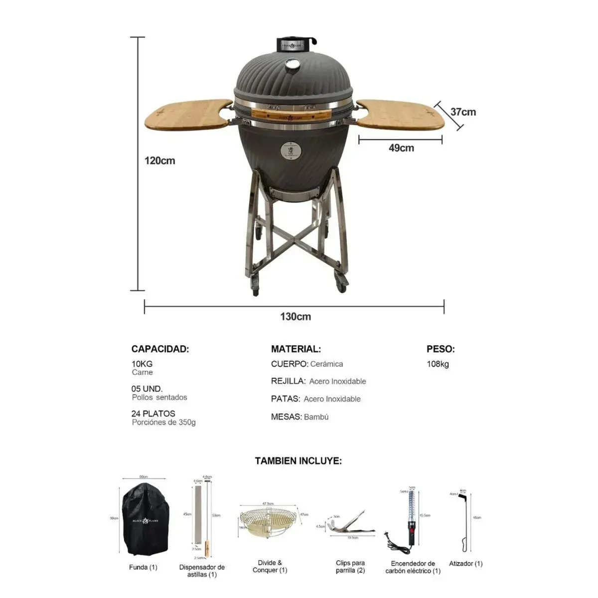HORNO KAMADO PREMIUM BLACK FLAME 22 KS-22-SP-G - GRIS - 8