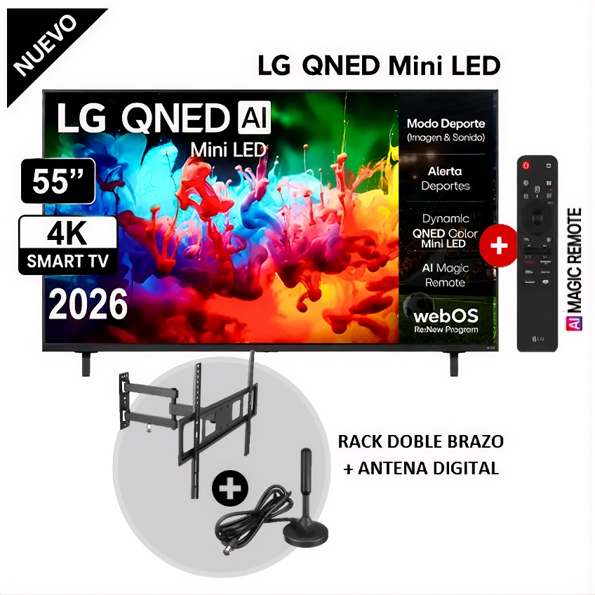 TELEVISOR LG SMART TV 55 MINILED QNED UHD 4K 55QNED65BSA + RACK + ANTENA DIGITAL - 1