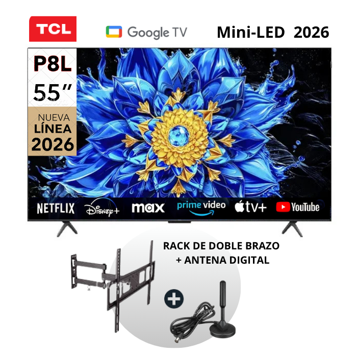 TELEVISOR TCL 55” QLED PREMIUM 4K MODELO 55P8L GOOGLE TV + RACK + ANTENA DIGITAL - 1