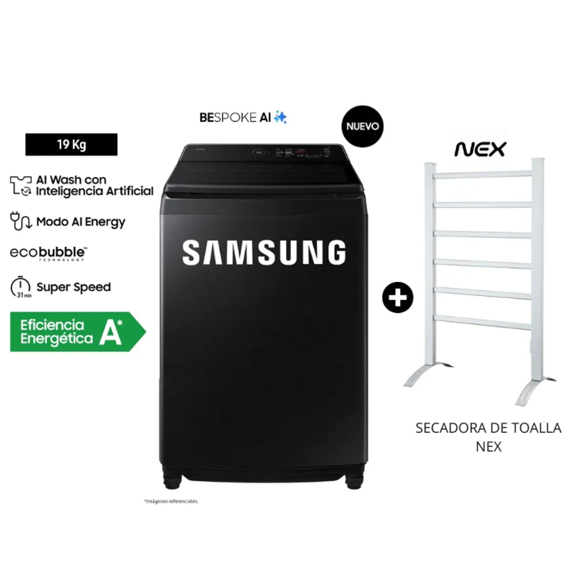 LAVADORA SAMSUNG 19KG CON IA WA80F19S8BPE + SECADORA DE TOALLA - 1