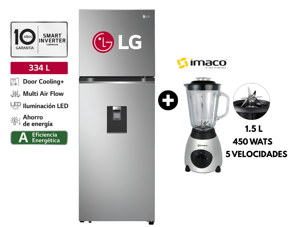 REFRIGERADORA LG GT33WPP 334L NO FROST DOOR COOLING TOP FREEZER PLATEADO + LICUADORA IMACO - 1