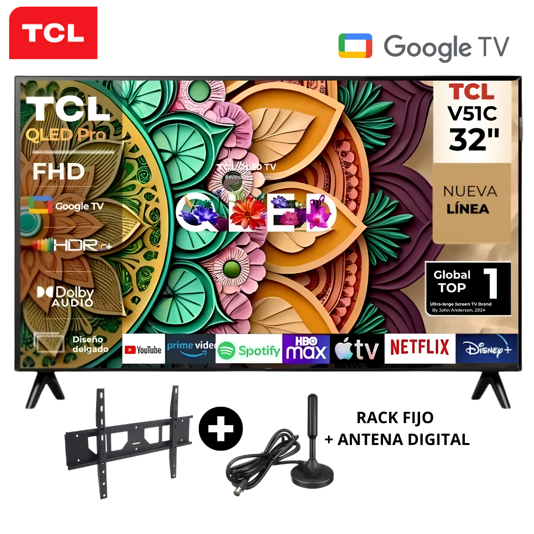 TELEVISOR TCL 32 QLED SMART TV GOOGLE TV FH- 32V51C + RACK + ANTENA DIGITAL - 1