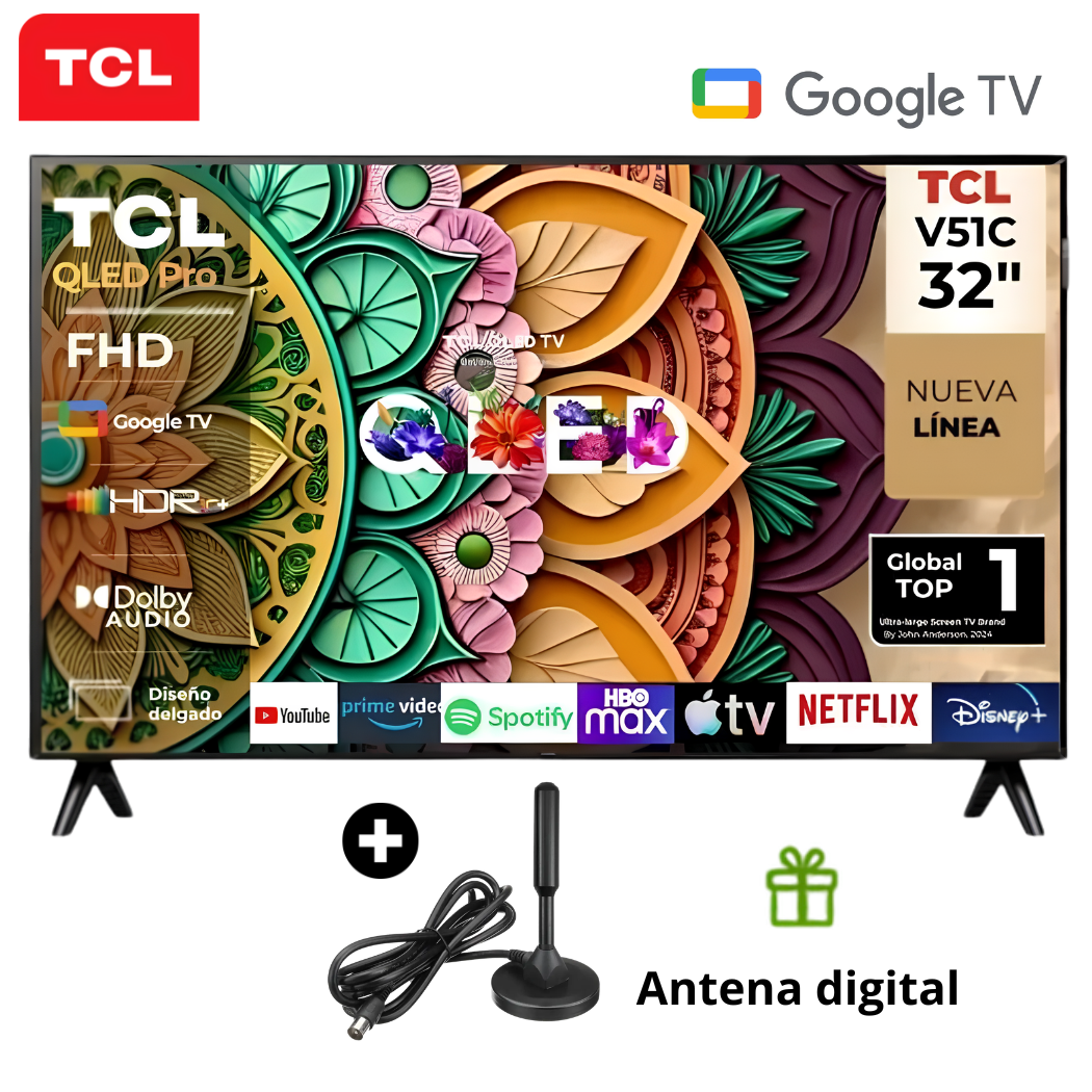 TELEVISOR TCL 32 QLED SMART TV GOOGLE TV FHD - 32V51C+ ANTENA DIGITAL - 1