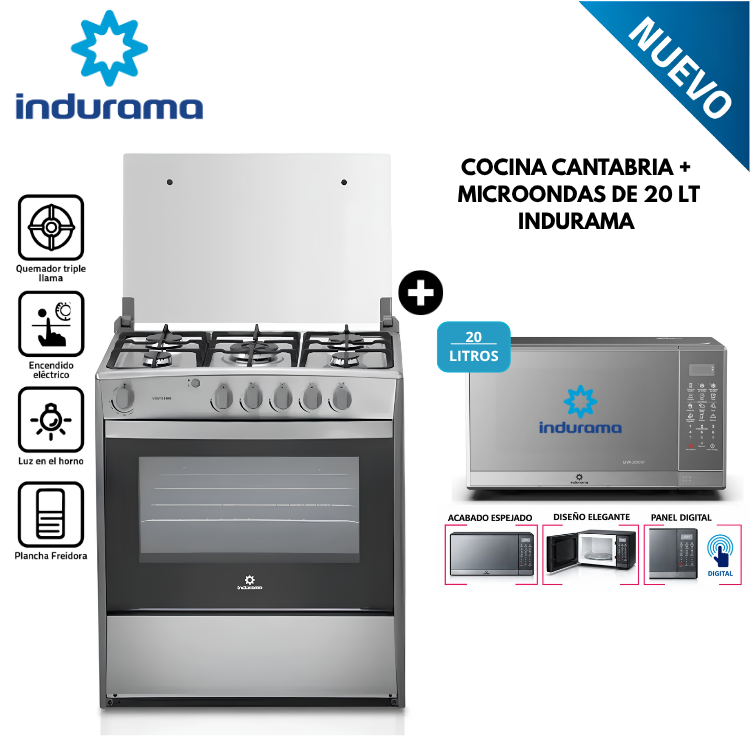COCINA A GAS INDURAMA 5 QUEMADORES CANTABRIA QZ CROMA + MICROONDAS INDURAMA DE 20 L - 1