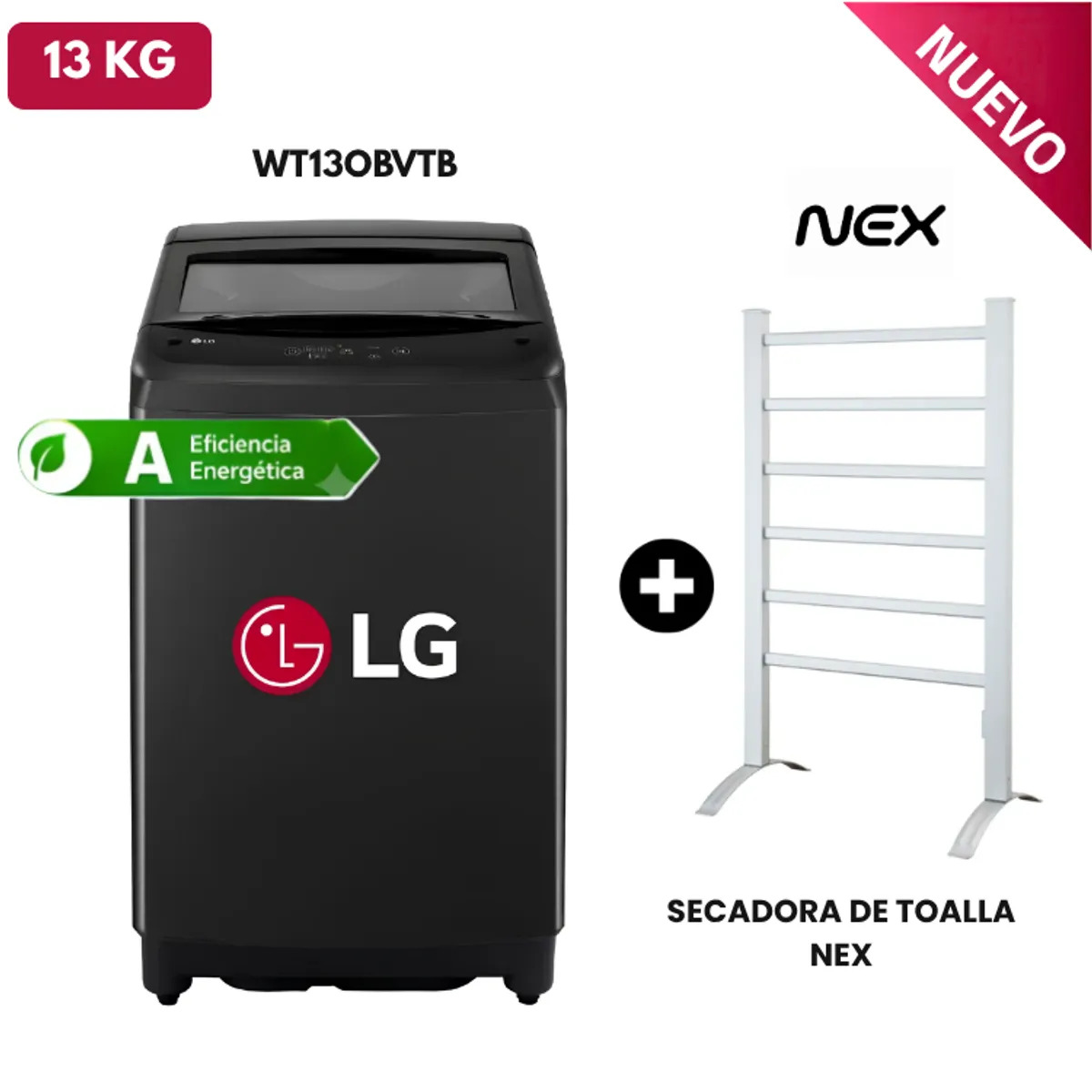 LAVADORA LG CARGA SUPERIOR 13KG WT13OBVTB ONYX NEGRO + SECADORA DE TOALLA - 1