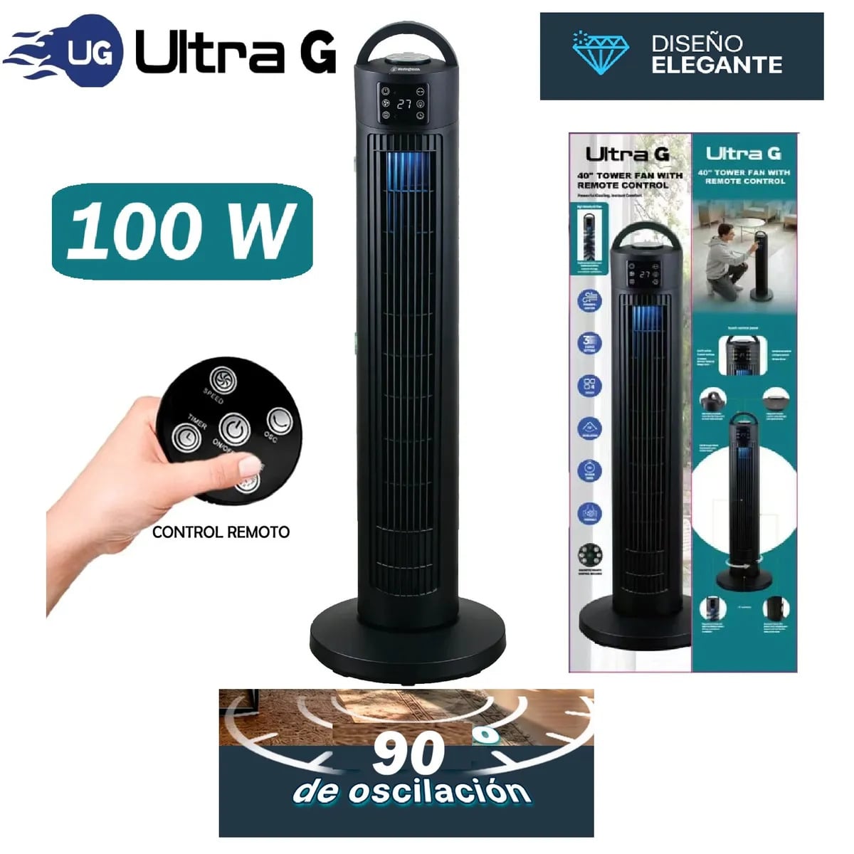 VENTILADOR DE TORRE 40' SILENCIOSO ULTRA G 100W CON CONTROL REMOTO - 1