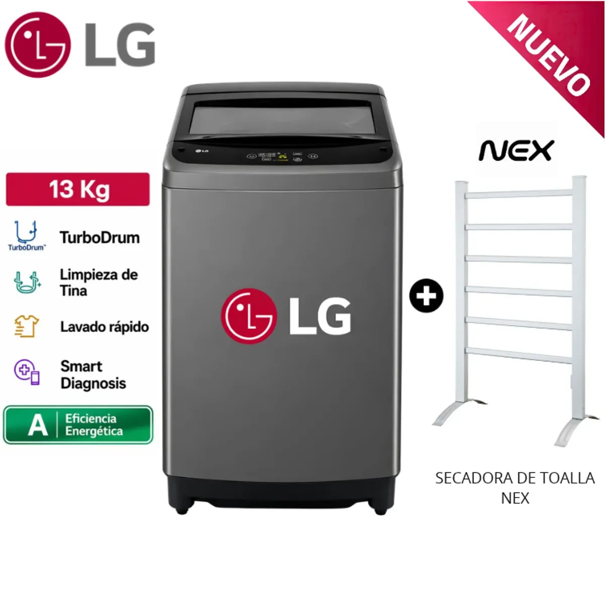 LAVADORA LG 13 KG CARGA SUPERIOR TURBODRUM™ WT13BVTB NEGRO + SECADORA DE TOALLAS - 1