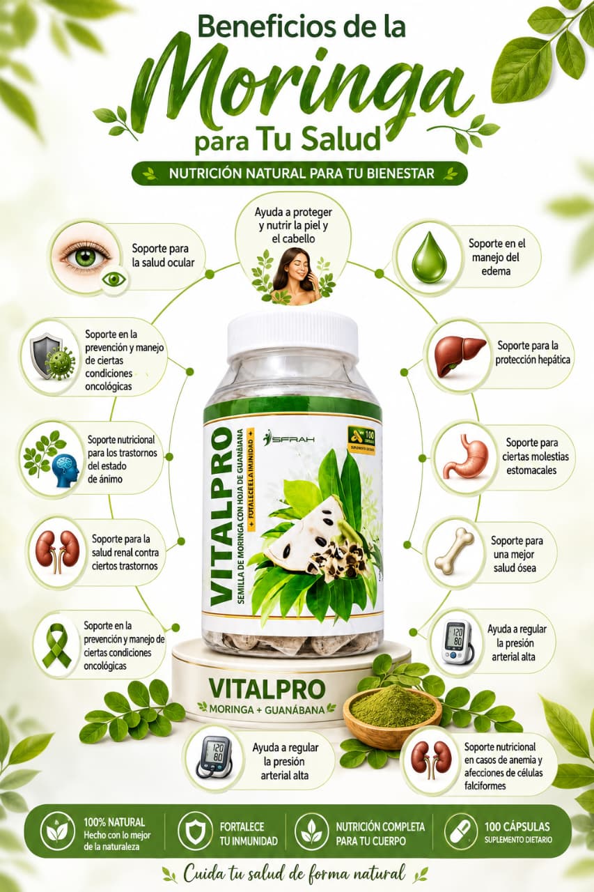 VITALPRO - SEMILLAS DE MORINGA CON HOJA DE GUANABANA - POTENTE ANTIOXIDANTE (100 CAP) - 1