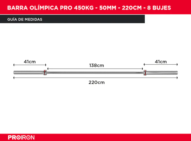 BARRA OLÍMPICA PROIRON PRO 450KG 280MM 220CM 8 BUJES - 2