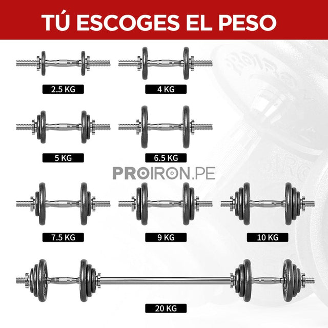 JUEGO MANCUERNAS PROIRON AJUSTABLE HIERRO FUNDIDO 20KG - 6
