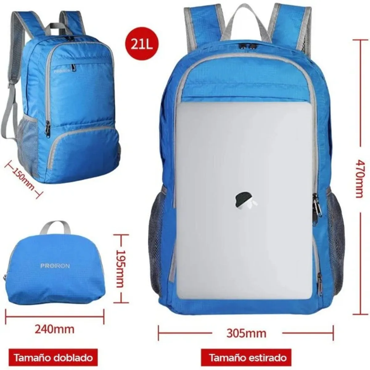MOCHILA PROIRON AZUL PLEGABLE ULTRALIGERA - 3