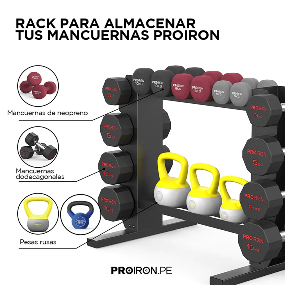 RACK PROIRON ACERO COMPACTO MANCUERNAS Y PESAS RUSAS - 3