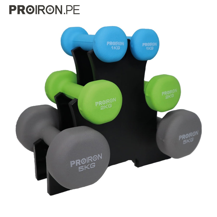 SET MANCUERNAS PROIRON NEOPRENO 1KG  2KG Y 5KG + RACK - 1