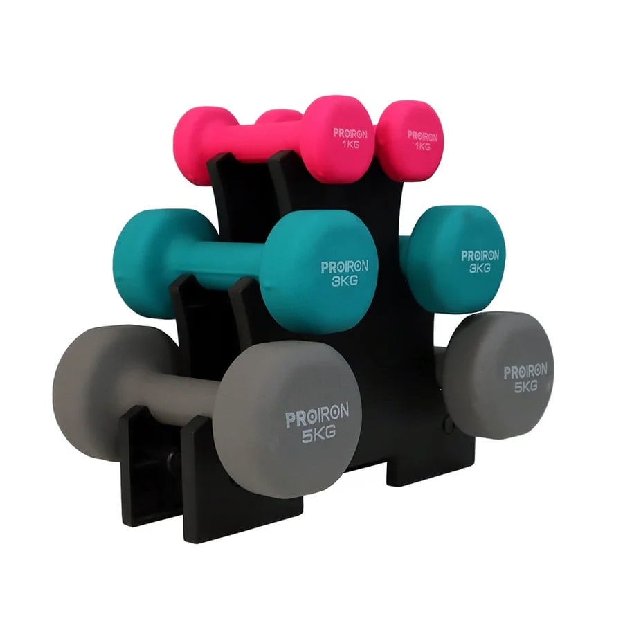 SET MANCUERNAS PROIRON NEOPRENO 1KG 3KG Y 5KG + RACK - 1