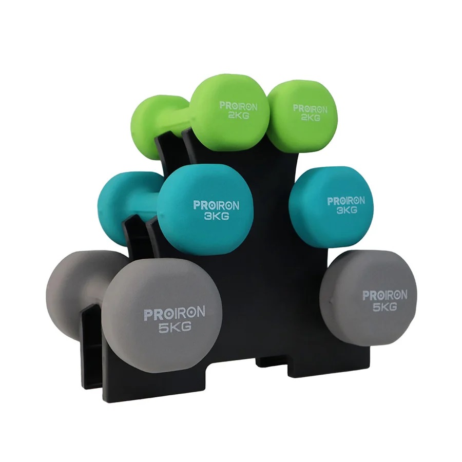 SET MANCUERNAS PROIRON NEOPRENO 2KG 3KG Y 5KG + RACK - 1