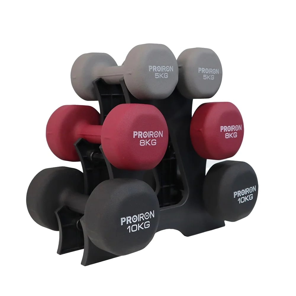 SET MANCUERNAS PROIRON NEOPRENO 5KG 8KG Y 10KG + RACK - 1