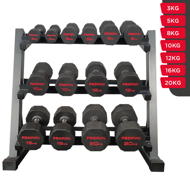 SET MANCUERNAS 10GTEK DODECAGONALES 148KG + RACK ACERO PROIRON 3 NIVELES - 2