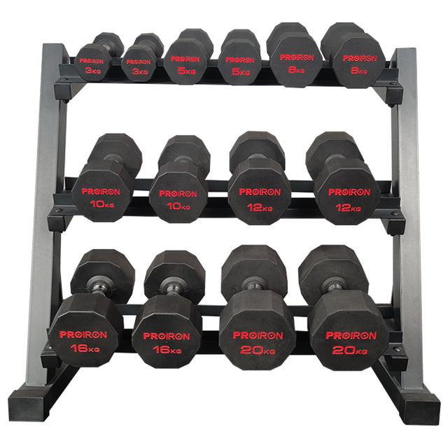 SET MANCUERNAS 10GTEK DODECAGONALES 148KG + RACK ACERO PROIRON 3 NIVELES - 3