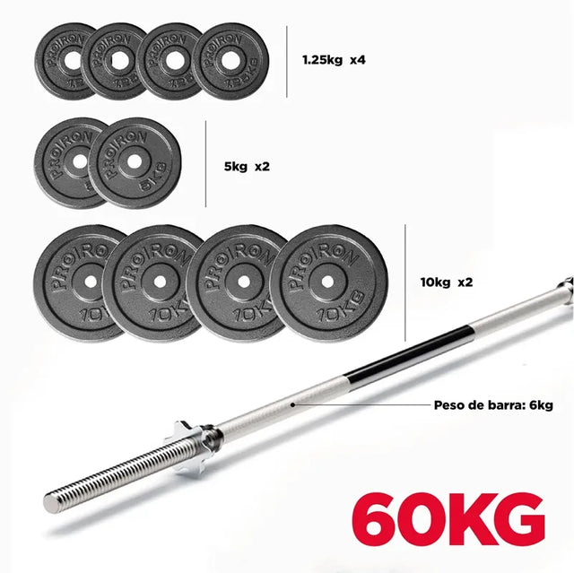 SET DE PESAS DE HIERRO FUNDIDO CON BARRA 60 KG - 1