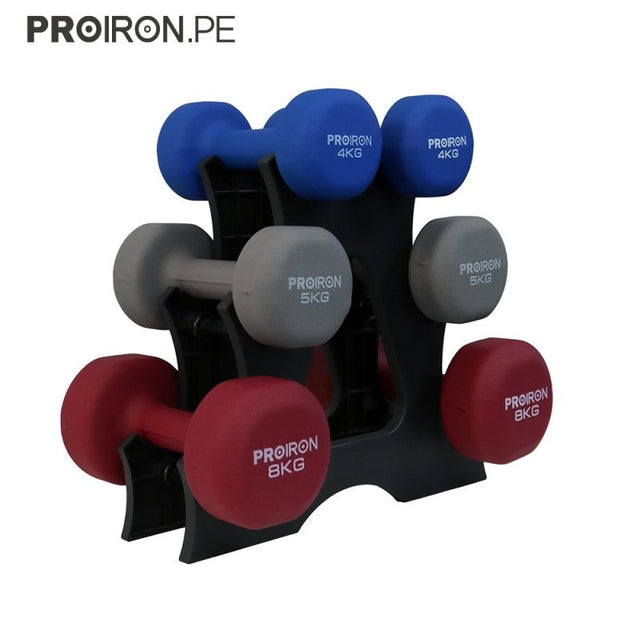 SET DE MANCUERNAS DE NEOPRENO DE 4KG 5KG Y 8KG + RACK - 1