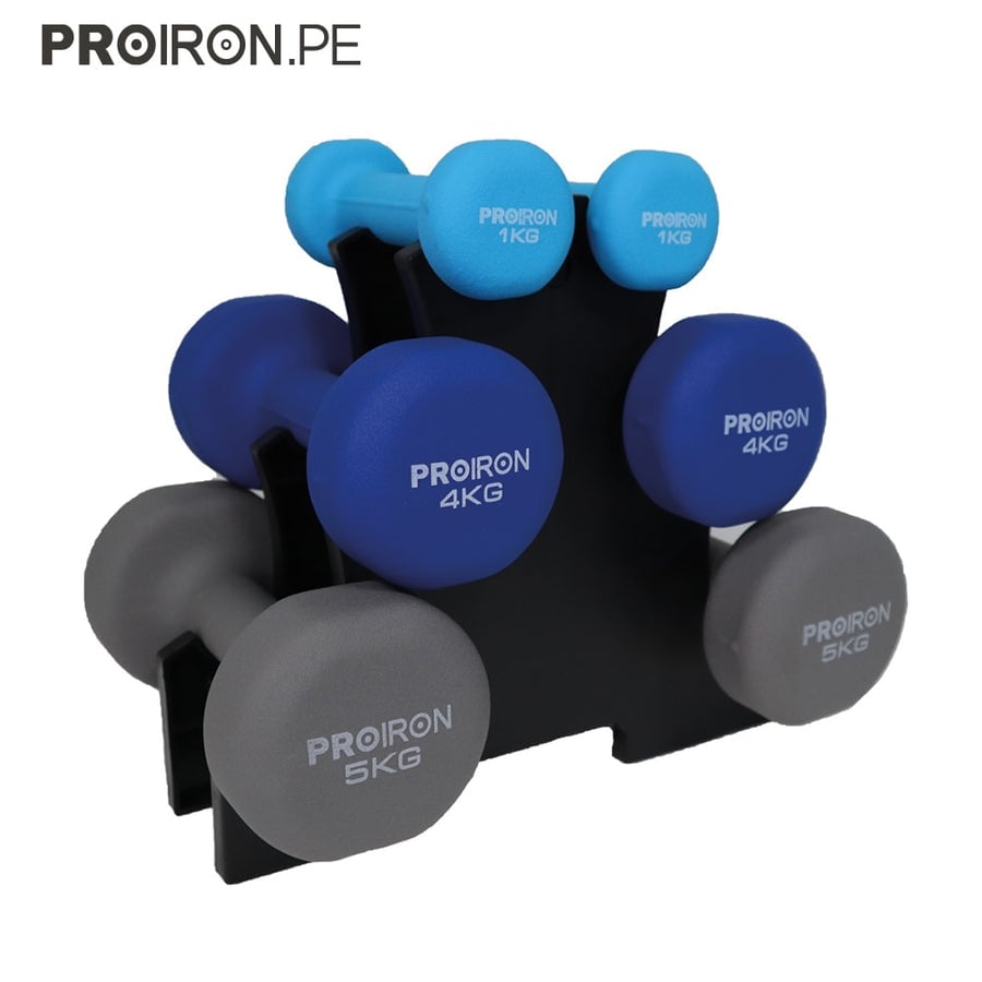 SET DE MANCUERNAS DE NEOPRENO DE 1KG CELESTE 4KG Y 5KG+RACK - 1