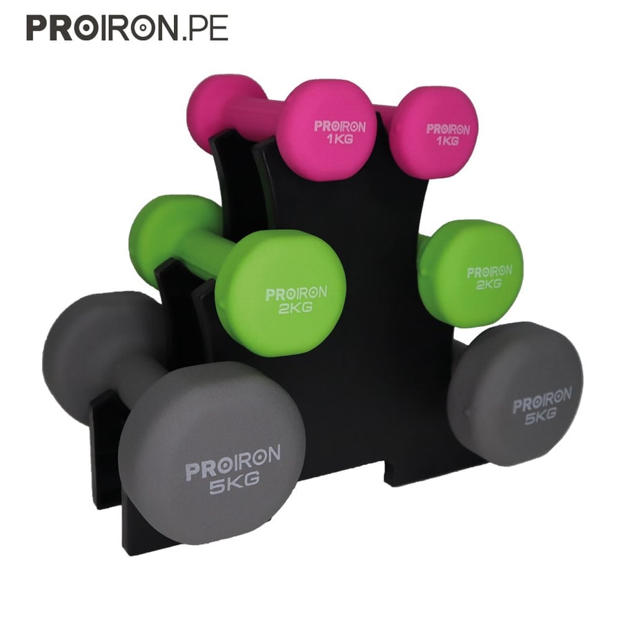 SET DE MANCUERNAS DE NEOPRENO DE 1KG ROSADO 2KG Y 5KG + RACK - 1
