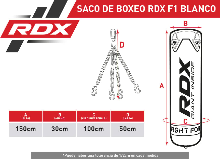 SACO DE BOXEO RDX F1 CON COLGADOR - BLANCO - 2