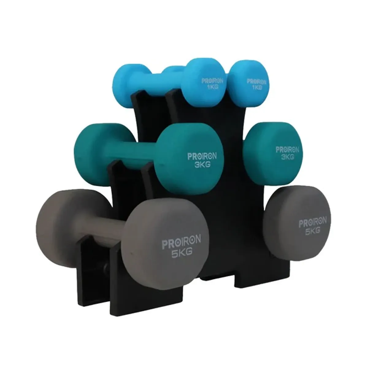 SET DE MANCUERNAS DE NEOPRENO DE 1KG CELESTE 3KG Y 5KG + RACK - 1