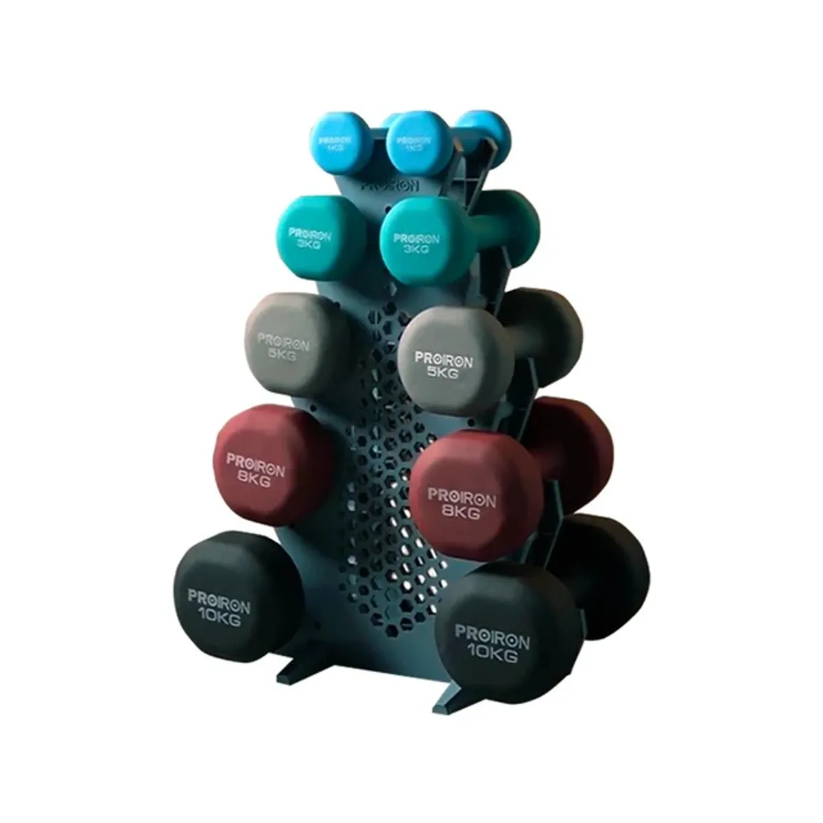 SET DE MANCUERNAS DE NEOPRENO DE 1KG CELESTE, 3KG, 5KG, 8KG Y 10KG + RACK 5 NIVELES - 1