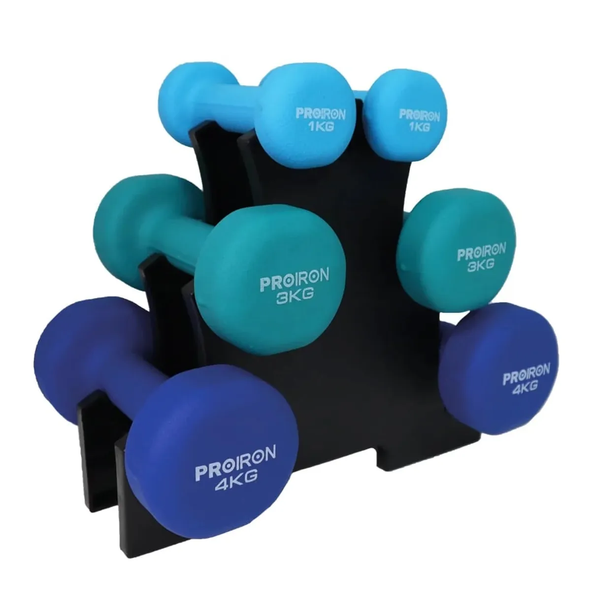 SET DE MANCUERNAS DE NEOPRENO DE 1KG CELESTE 3KG Y 4KG + RACK - 1