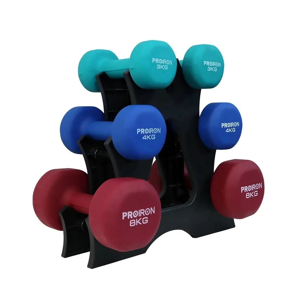SET DE MANCUERNAS DE NEOPRENO DE 3KG 4KG Y 8KG + RACK - 1