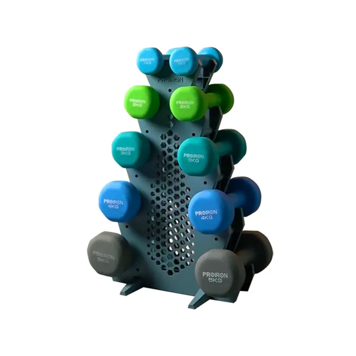 SET DE MANCUERNAS DE NEOPRENO DE 1KG CELESTE, 2KG, 3KG, 4KG Y 5KG + RACK 5 NIVELES - 1
