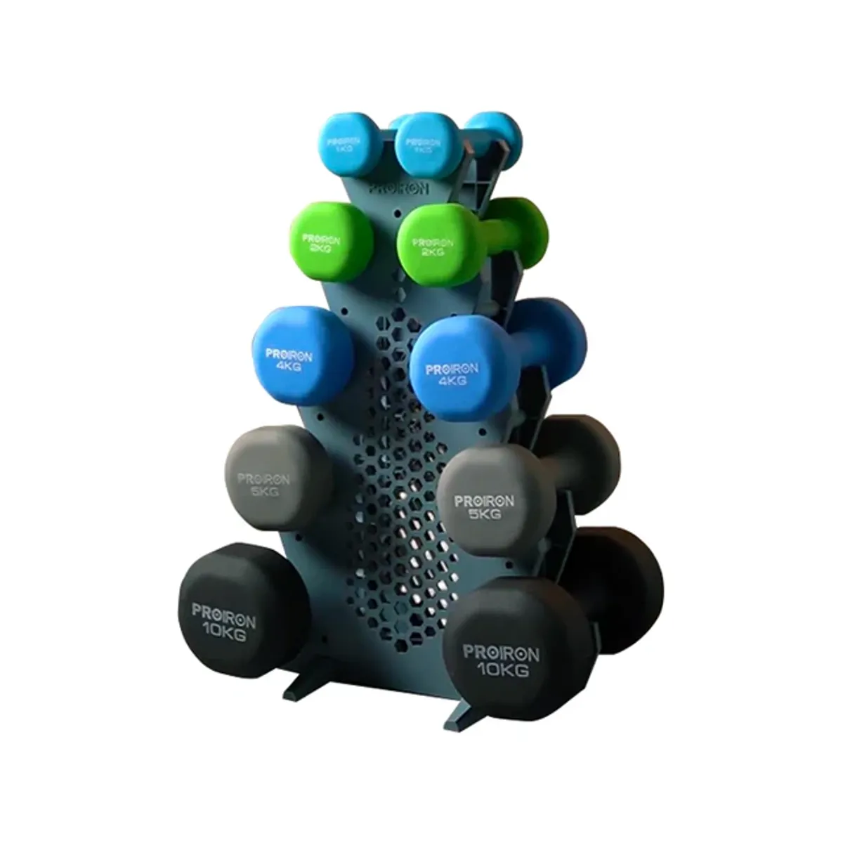 SET DE MANCUERNAS DE NEOPRENO DE 1KG CELESTE, 2KG, 4KG, 5KG Y 10KG + RACK 5 NIVELES - 1