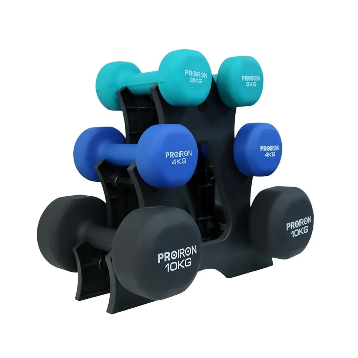 SET DE MANCUERNAS DE NEOPRENO DE 3KG 4KG Y 10KG + RACK - 1